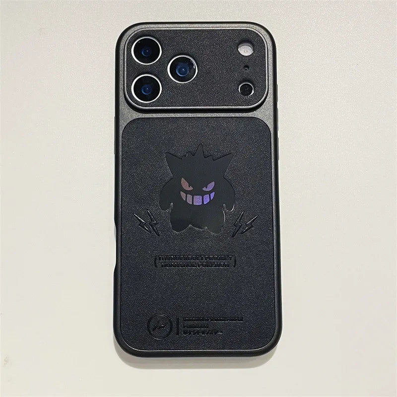 Anime Cartoon Ghost Gengar Laser Leather Texture Phone Case for iPhone 17 Air 16 15 14 13 Pro Max Shockproof Protective Cover