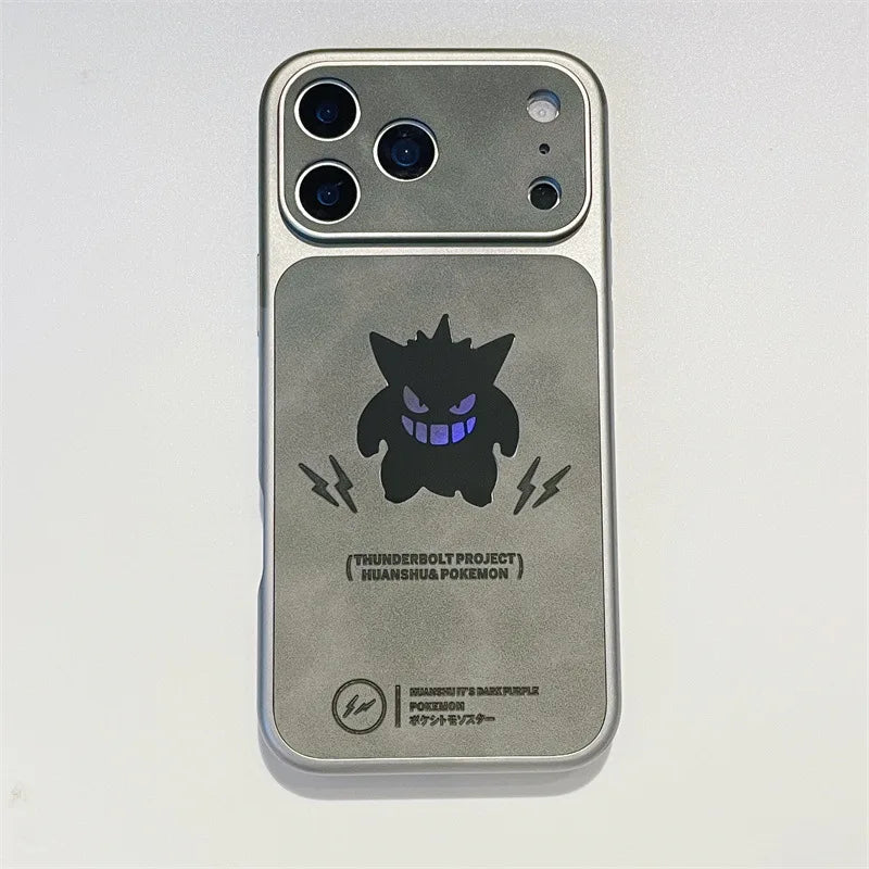 Anime Cartoon Ghost Gengar Laser Leather Texture Phone Case for iPhone 17 Air 16 15 14 13 Pro Max Shockproof Protective Cover