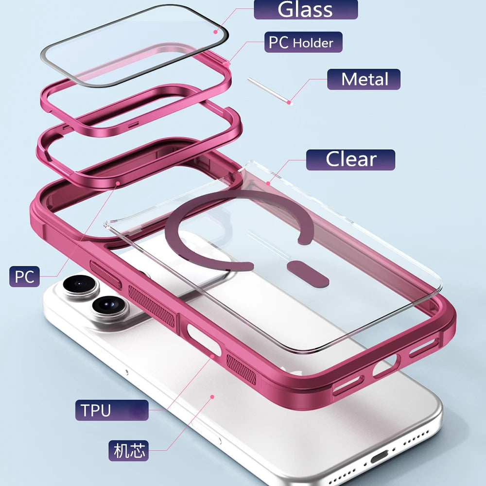 For Magsafe Glass Lens Protection Holder Phone Cases For iPhone 17 16 15 14 13 12 11 Pro Max Plus Air Shockproof Magnetic Cover