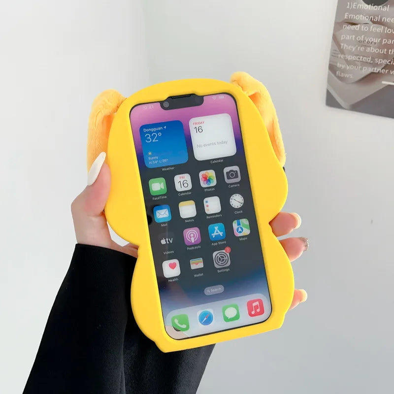 Kawaii 3D Plush Ears Cute Cartoon Pikachu Soft Silicone Phone Case For iPhone 16 15 14 13 12 Pro Max Shockproof Protective Cover