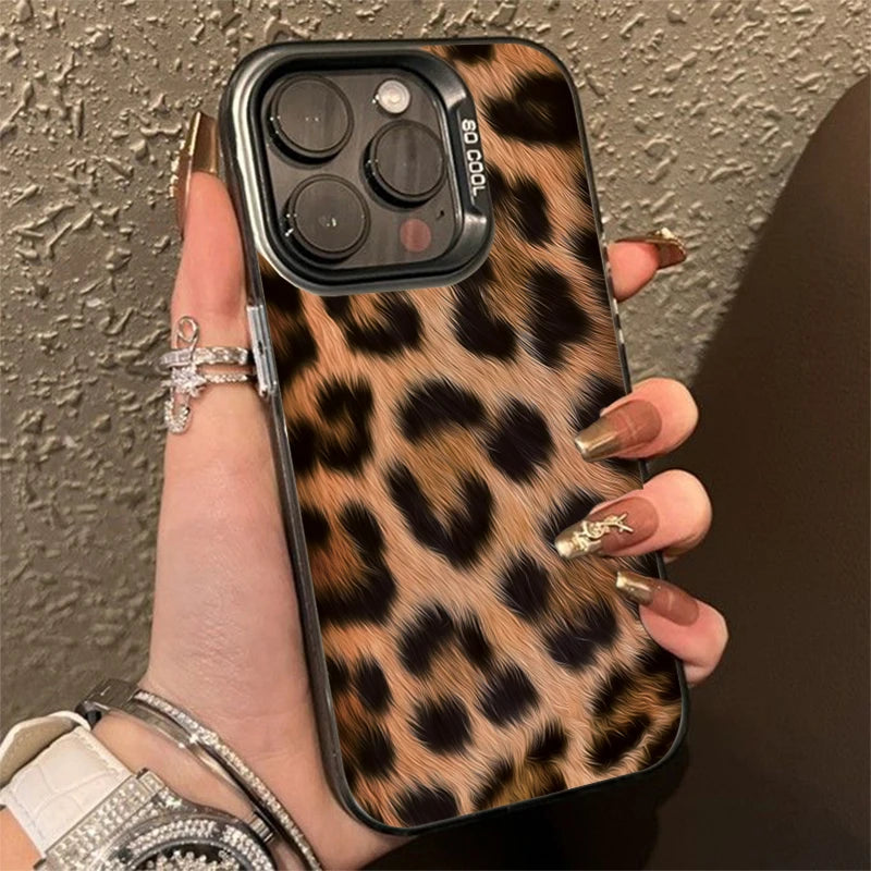 Leopard Print Pattern Electroplate Silver IMD Phone Case For iPhone 16 15 Pro Max 16E 7 8 Plus 14 13 12 11 Pro X XS XR SE2 Cover