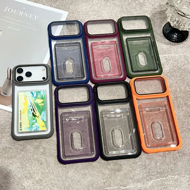 Luxury Slot Card Holder Wallet Clear Case For iPhone 17 Air 16 15 14 13 12 11 Pro Max Fold Lens Stand Holder Shockproof Cover