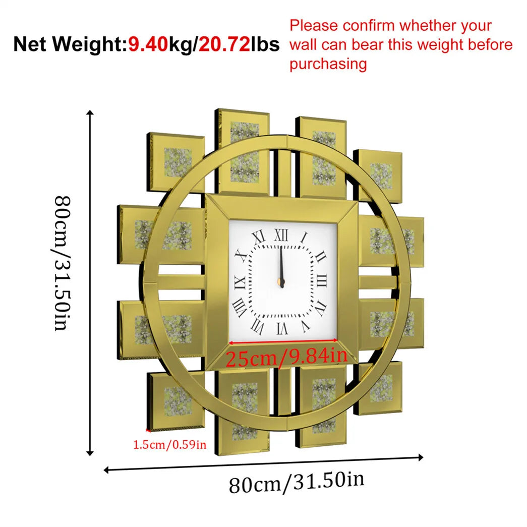 Large Wall Clock Heavy Duty 80 CM / 31.5 IN Crushed Diamond Mirrored Clock Silver / Gold Sparkling Twinkle Bling Home Decor