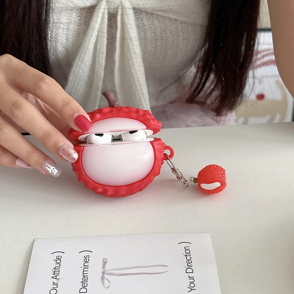 Fun Summer Stereoscopic Red Lychee Pendant Shockproof Protective Earphone Cover Case for AirPods 1 or 2 3 4 Pro 2