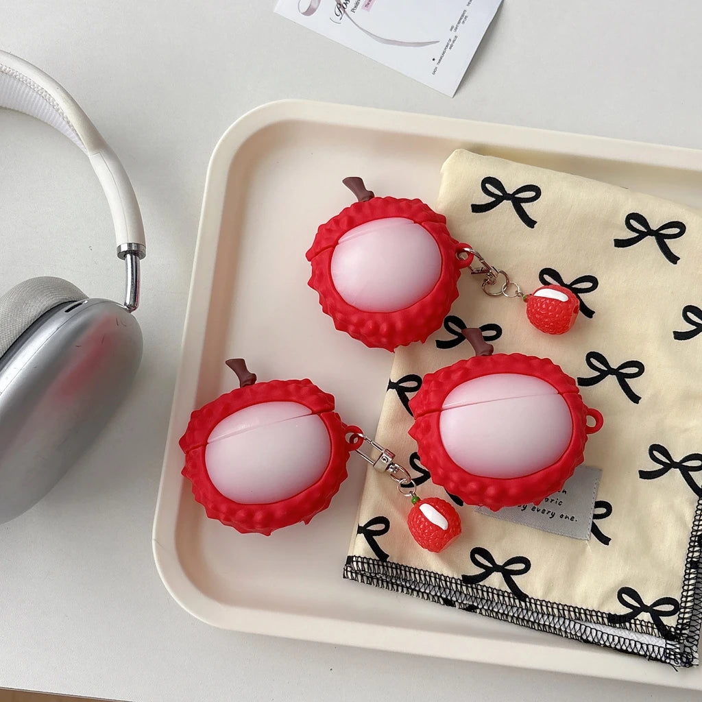 Fun Summer Stereoscopic Red Lychee Pendant Shockproof Protective Earphone Cover Case for AirPods 1 or 2 3 4 Pro 2