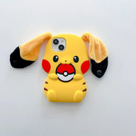 Kawaii 3D Plush Ears Cute Cartoon Pikachu Soft Silicone Phone Case For iPhone 16 15 14 13 12 Pro Max Shockproof Protective Cover
