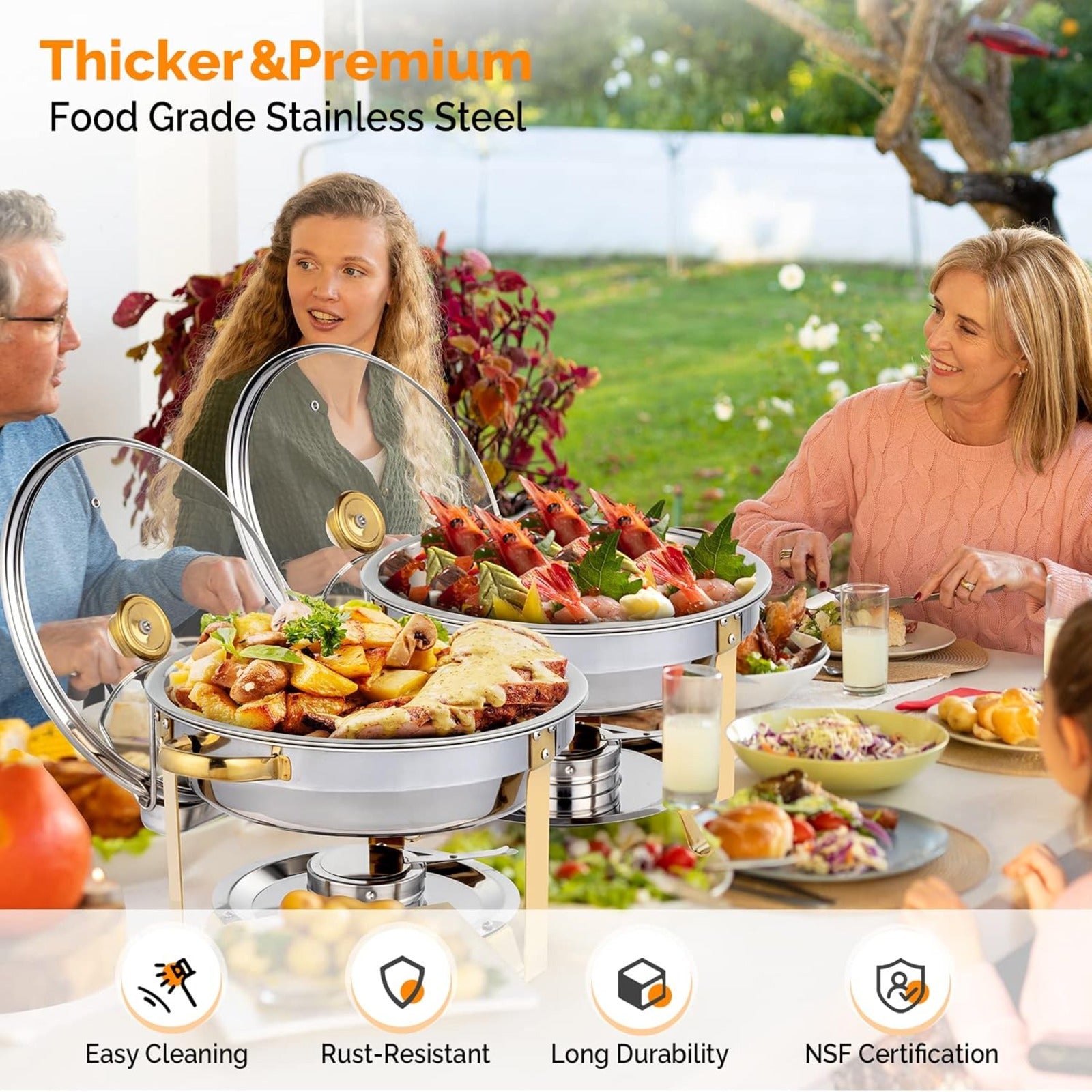 Meiffer 6-piece 2/4/6/8 piece set commercial 304 stainless steel rolling heat-resistant tray set - NSF stainless steel countertop system, only includes food trays, water trays and fuel storage containers, only for cooking