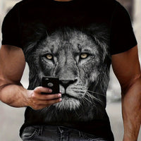 Men'S 3D Lion Graphic T-Shirt - Casual Black Short Sleeve Tee with Realistic Lion Print, All-Season Comfort, Mesh Fabric, Adult Fit, Outdoor Clothing | Realistic Print Shirt | Mesh Fabric Top, Lion Print Shirt