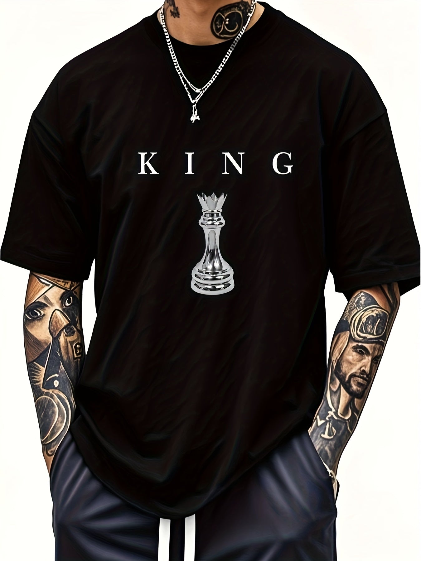 THE KING Men's 180GSM Cotton T-Shirt - Black Chess King Graphic Print, Casual Short Sleeve Round Neck Tee for Casual Attire