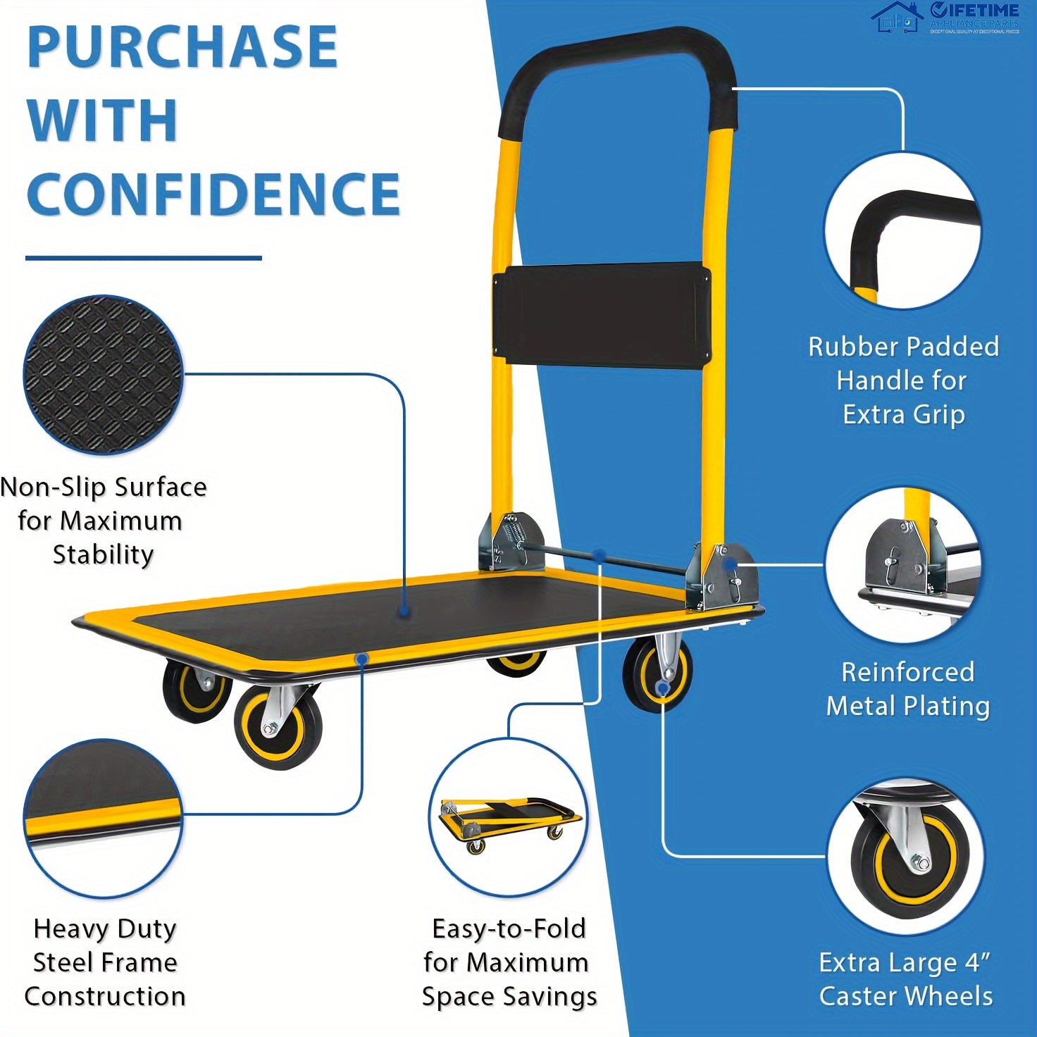 Upgraded Home Large Foldable Push Cart Dolly 330 Lbs/660 Lbs Capacity Moving Platform Hand Truck Heavy Duty Space Saving Collapsible Swivel Push Handle Flat Bed Wagon Blue White/Black Yellow