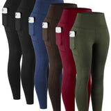 6pcs Women's High-Waisted Leggings - Non-See-Through Pants with Side Pockets, Stretchy All-Season & Casual Pants, Machine Washable Everyday Pants for Women, Leggings for Women, Leggings with Pockets, Womens Leggings, Women Le