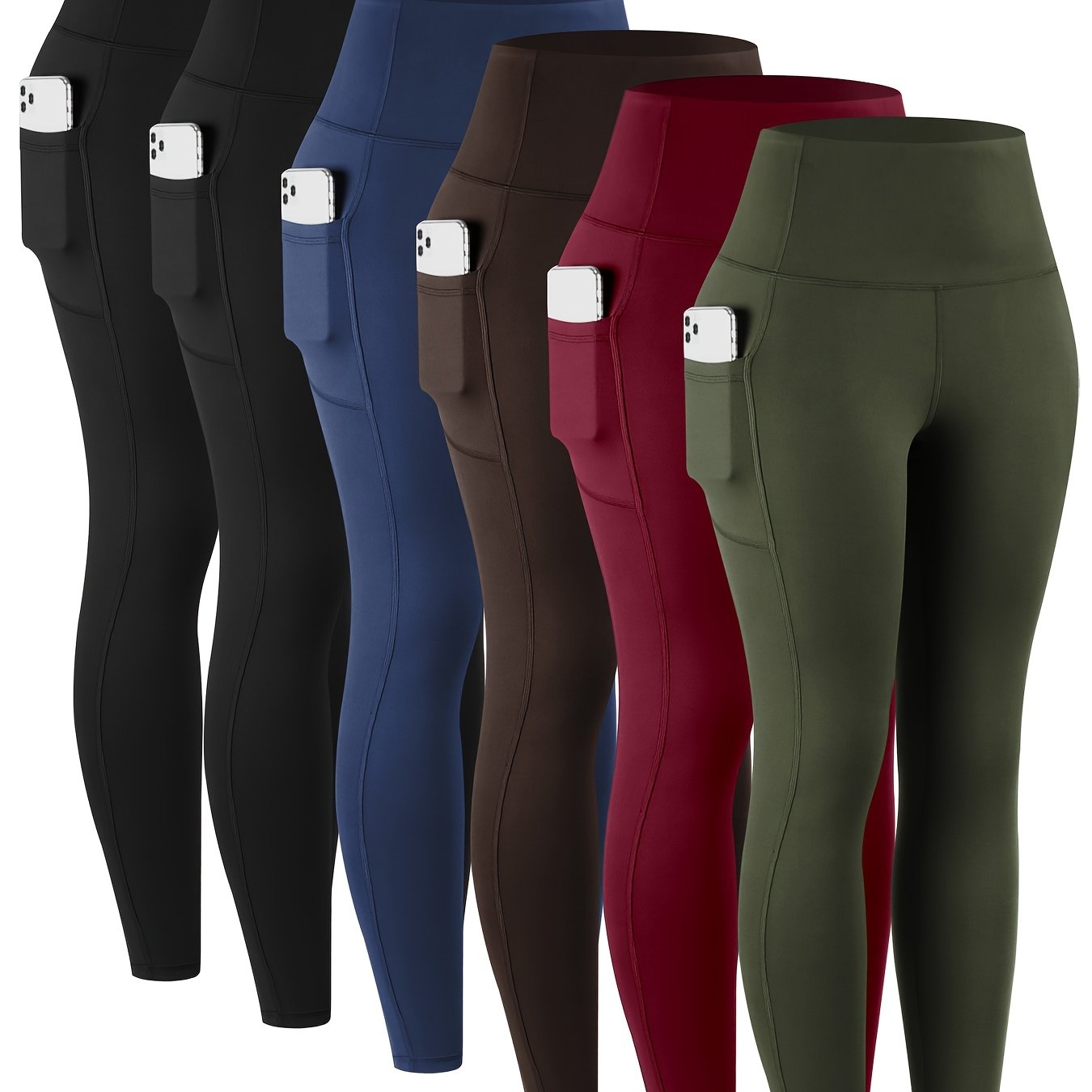 6pcs Women's High-Waisted Leggings - Non-See-Through Pants with Side Pockets, Stretchy All-Season & Casual Pants, Machine Washable Everyday Pants for Women, Leggings for Women, Leggings with Pockets, Womens Leggings, Women Le