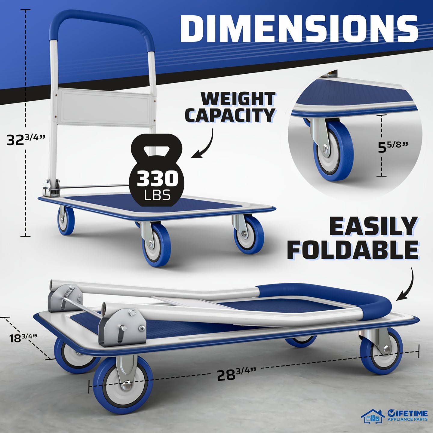 Upgraded Home Large Foldable Push Cart Dolly 330 Lbs/660 Lbs Capacity Moving Platform Hand Truck Heavy Duty Space Saving Collapsible Swivel Push Handle Flat Bed Wagon Blue White/Black Yellow