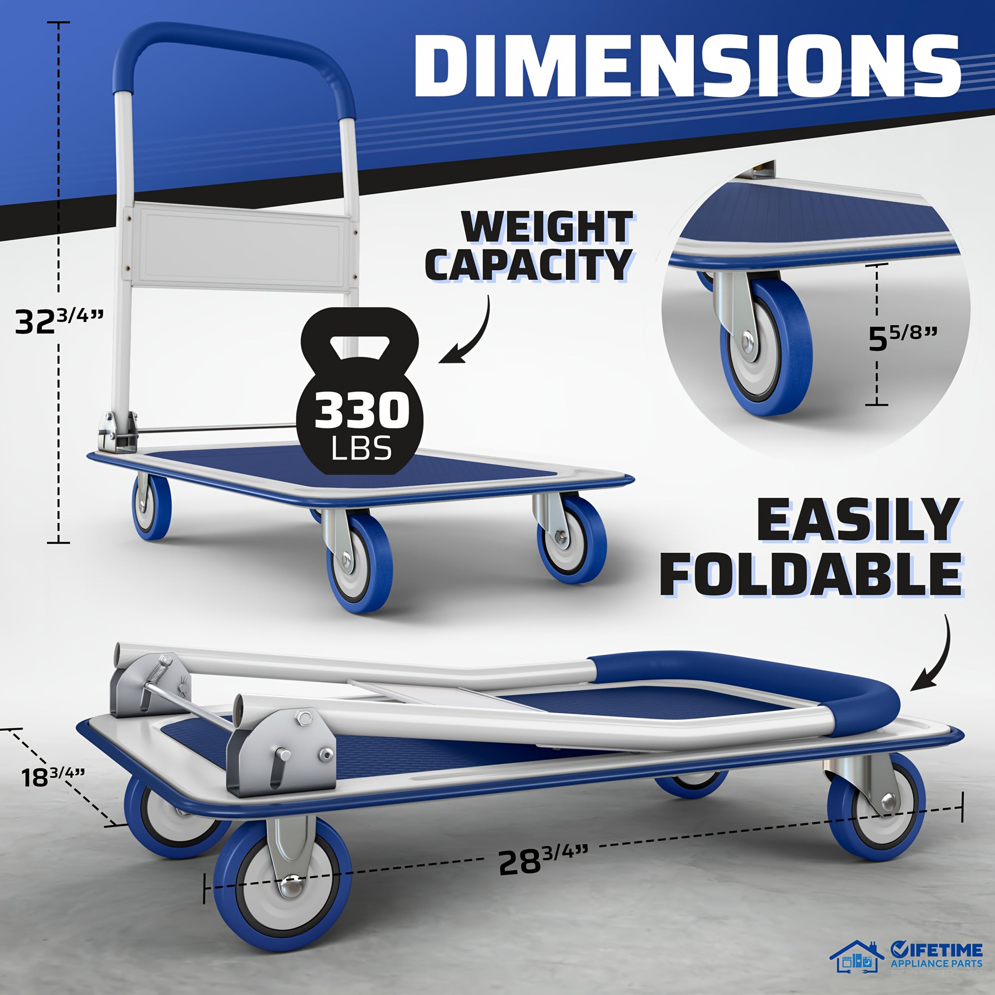 Upgraded Home Large Foldable Push Cart Dolly 330 Lbs/660 Lbs Capacity Moving Platform Hand Truck Heavy Duty Space Saving Collapsible Swivel Push Handle Flat Bed Wagon Blue White/Black Yellow