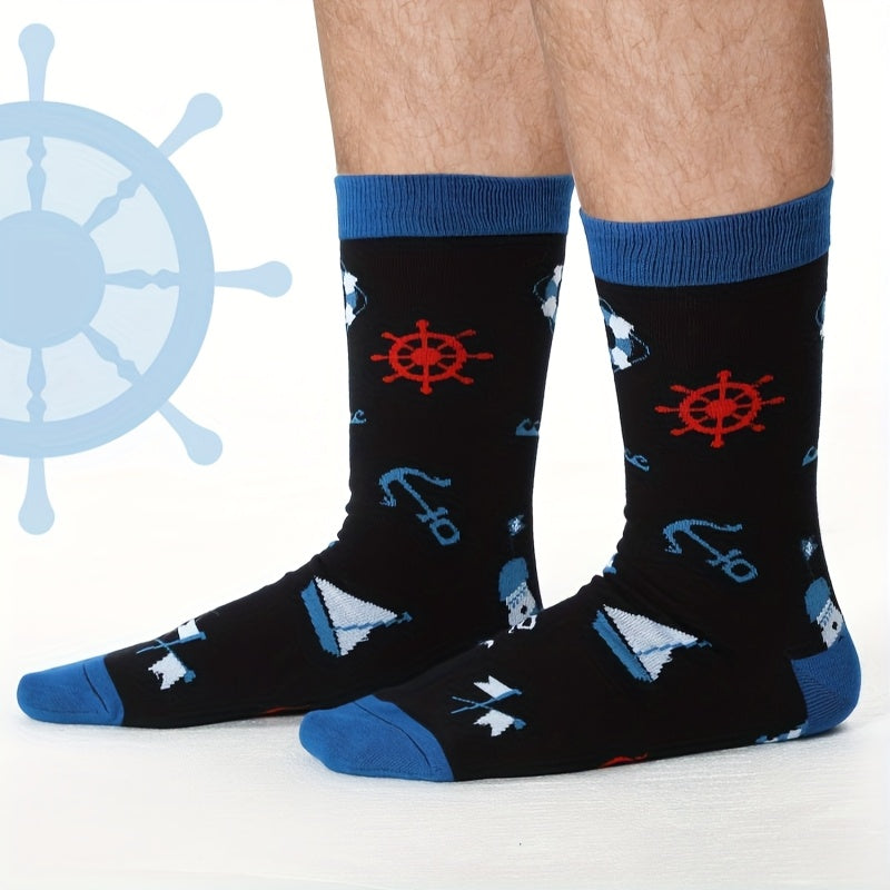8 Pairs Sailing Socks for Men Boat Nautical Cotton Crew Socks Cruise Navy Gift for Father's Day Birthday Favors