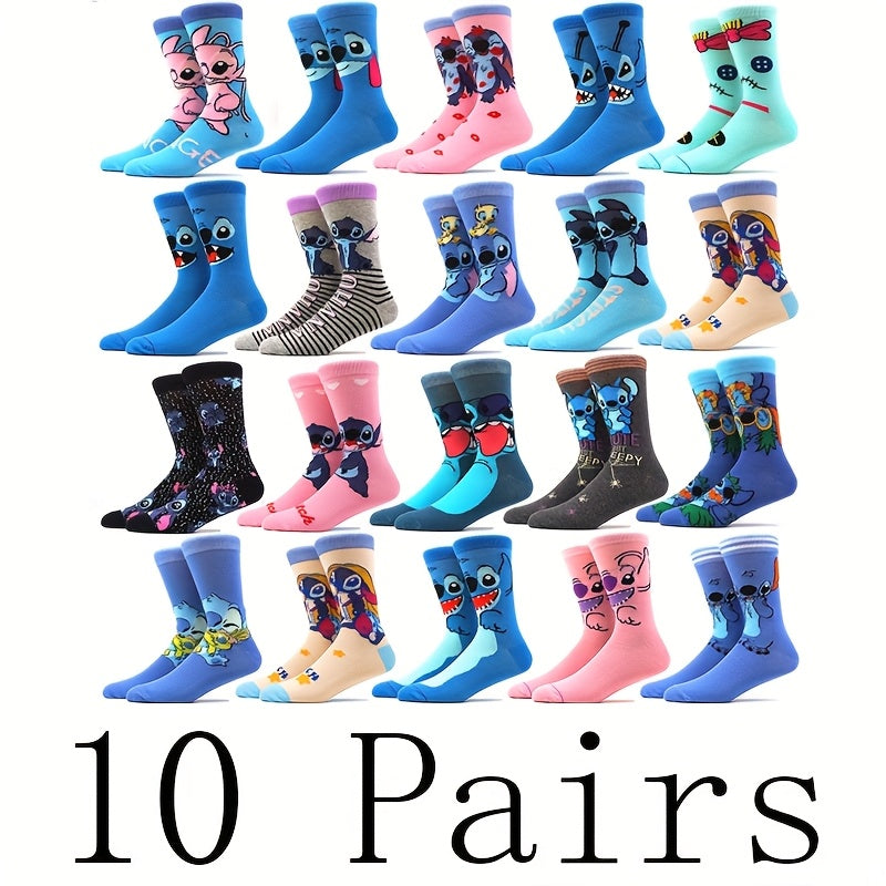 10 Pairs Men's Stitch Novelty Crew Socks - Colorful Cartoon Character Socks with Playful Stitch Designs, Machine Washable, Summer & Spring Casual Wear, Comfortable Breathable Socks for Men, Novelty Socks, Playful Sock Designs