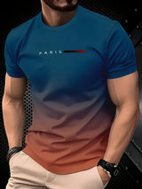 [Gradient Print T-Shirt] Summer Gradient Print Men's T-Shirt | 3D Digital Ombre Blue to Peach Design, Breathable Round Neck Regular Fit, Machine Washable