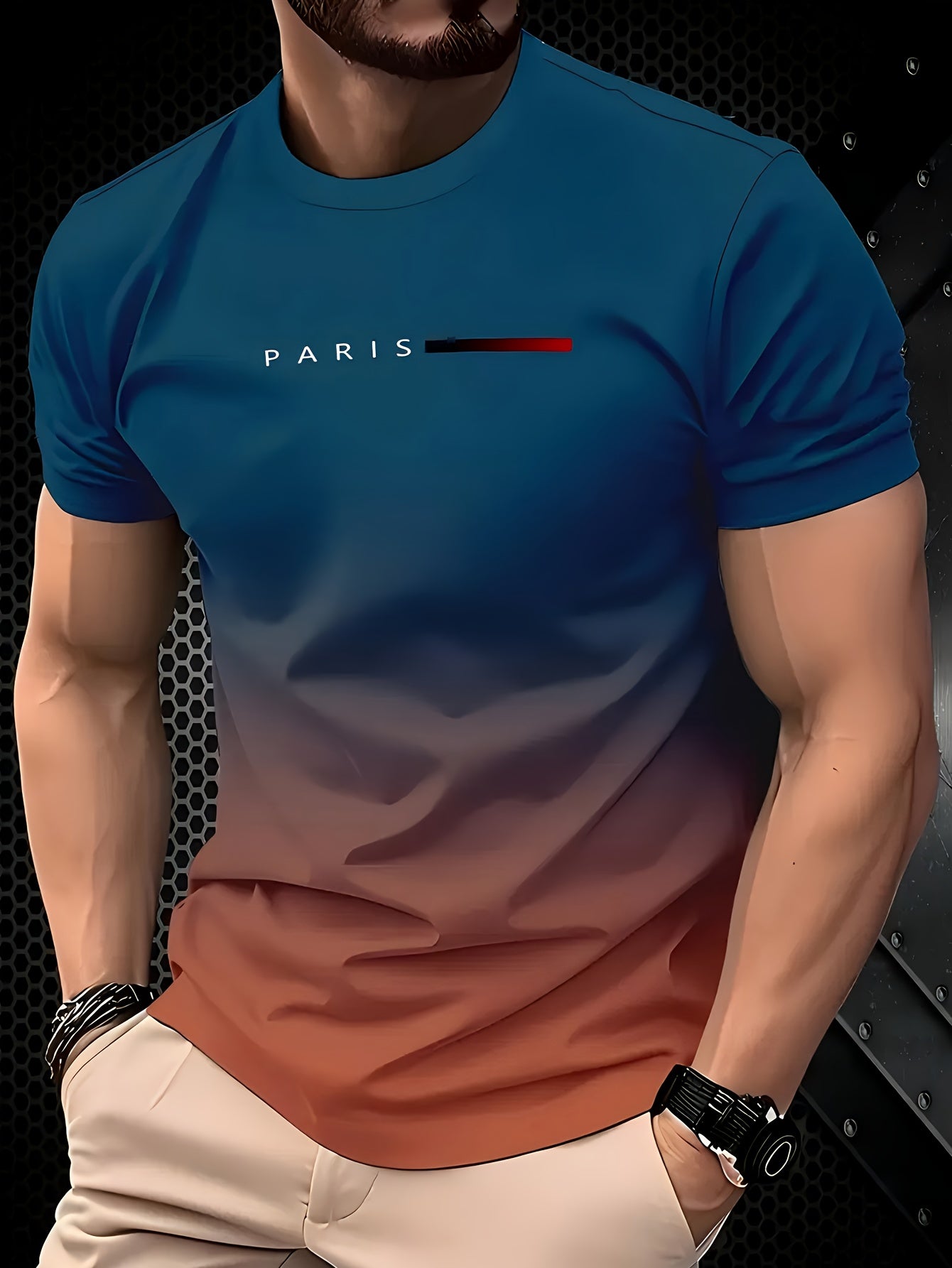 [Gradient Print T-Shirt] Summer Gradient Print Men's T-Shirt | 3D Digital Ombre Blue to Peach Design, Breathable Round Neck Regular Fit, Machine Washable