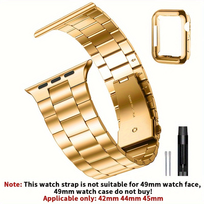 Casman Gold-Plated Stainless Steel Smartwatch Bands with Case Cover, Foldover Clasp, Compatible with Apple Watch Series, Ultra & iWatch 49mm/45mm/44mm/42mm/38mm/40mm/41mm - Non-Water Resistant