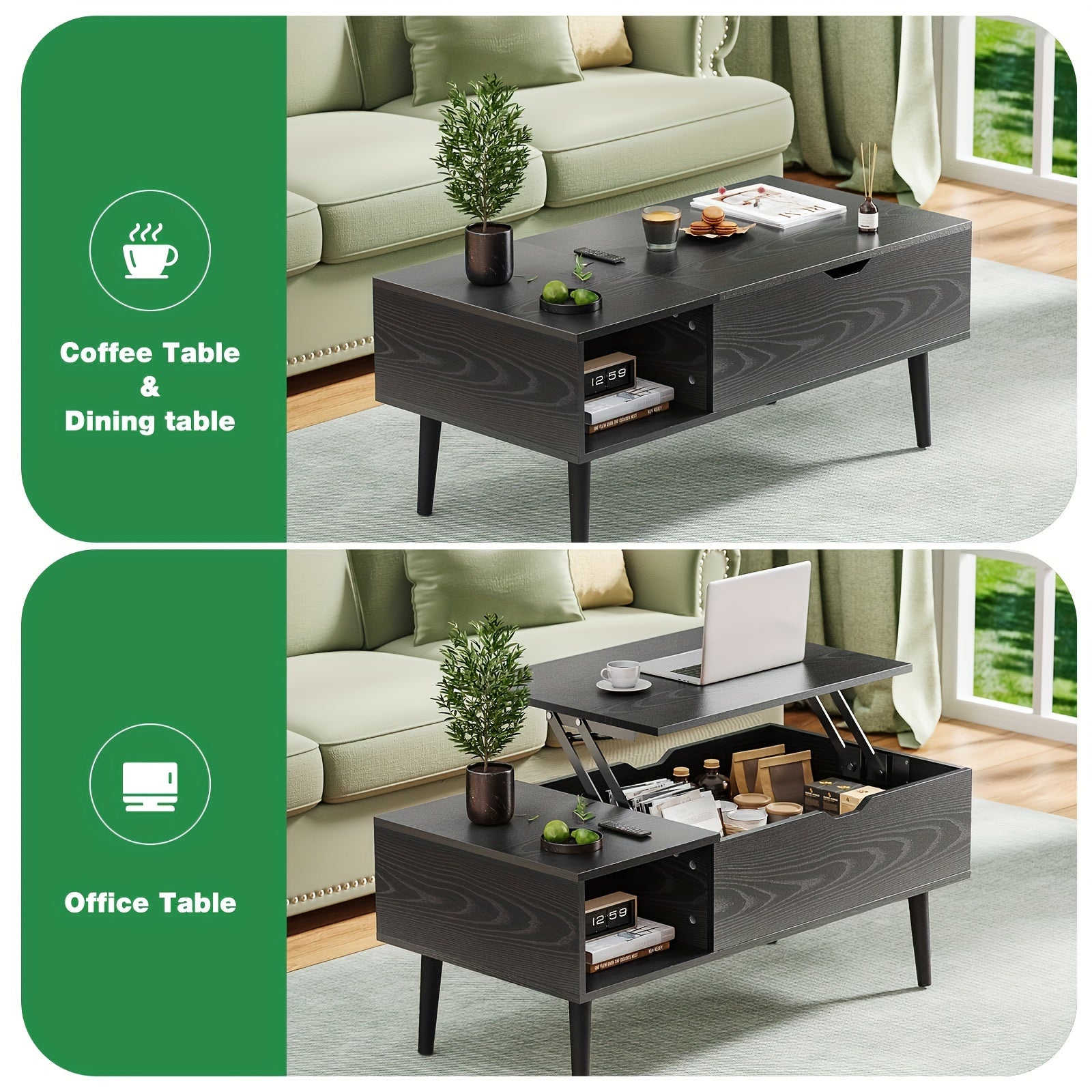 Elegant Black Coffee Table For Living Room - Lift Top Design Offering Versatility. Small Rising Wooden Dining Center Table With Storage Shelf And Hidden Compartment, Ideal For Organizing And Enhancing Your Living Space.