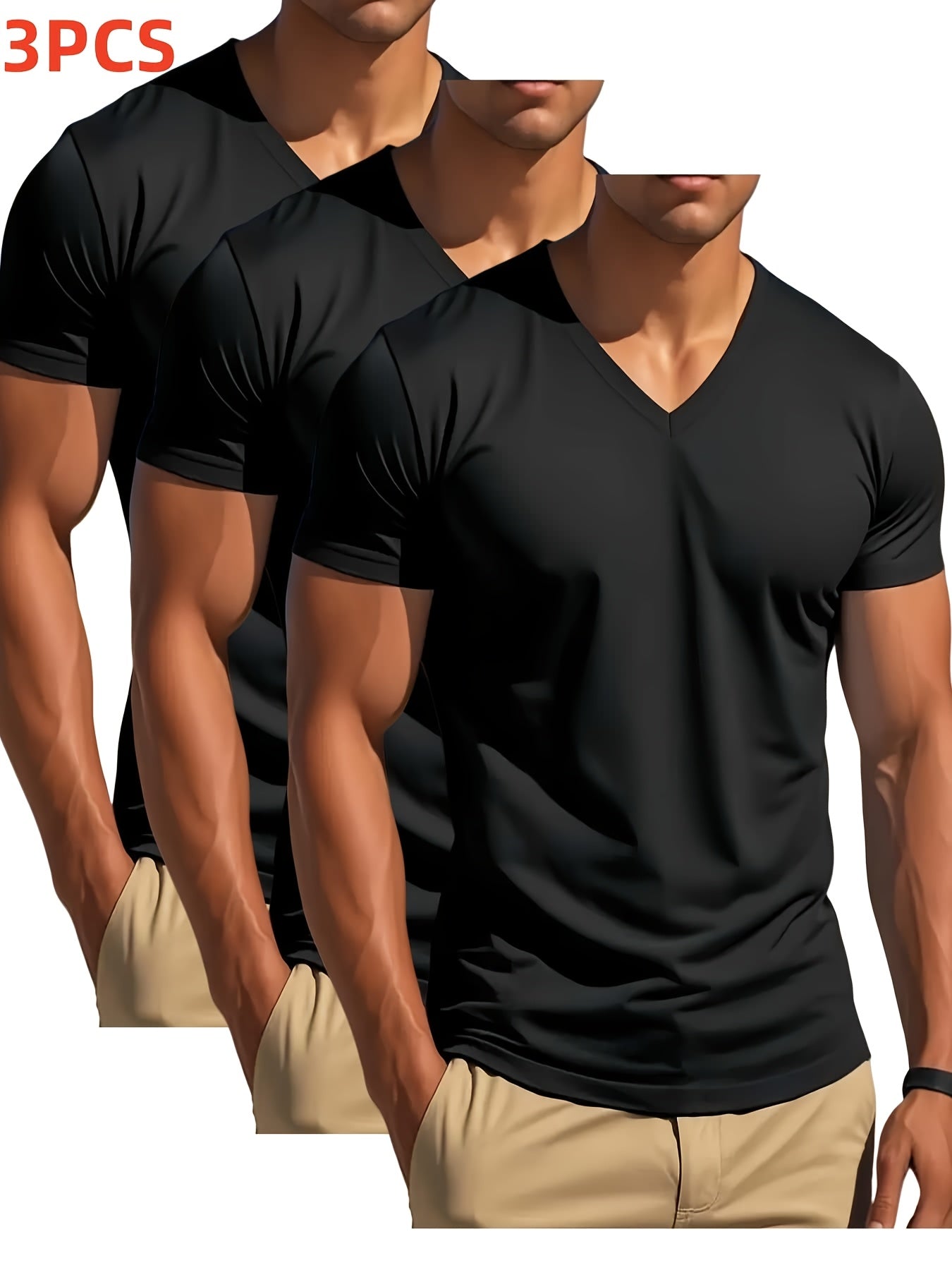 Men'S Solid Color V-Neck T-Shirts Short-Sleeve, 3pcs, Summer Essentials |, Solid Color, Quick-Drying Polyester, Perfect for Outdoor Running and Workouts, Machine Washabl