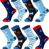 8 Pairs Sailing Socks for Men Boat Nautical Cotton Crew Socks Cruise Navy Gift for Father's Day Birthday Favors