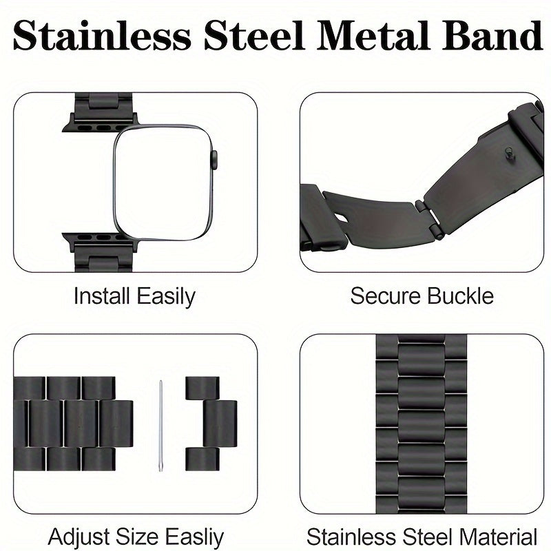 Stainless Steel Metal Strap for Apple Watch Series 10 9 8 7 6 5 4 3 2 1 SE Ultra 38/ 40/ 41/ 42/ 45/ 49 Mm And 42/ 46 Mm with TPU Case And Chain Adjustment Tool Set
