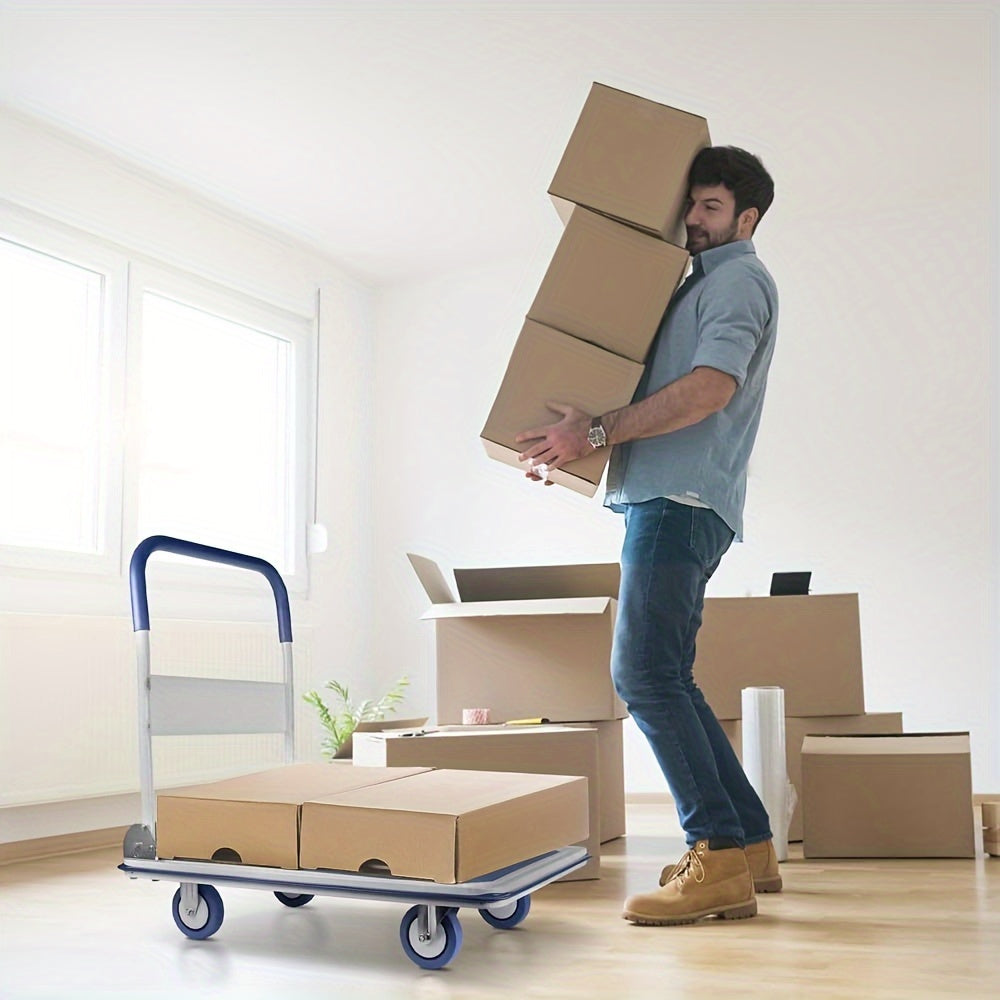 Upgraded Home Large Foldable Push Cart Dolly 330 Lbs/660 Lbs Capacity Moving Platform Hand Truck Heavy Duty Space Saving Collapsible Swivel Push Handle Flat Bed Wagon Blue White/Black Yellow