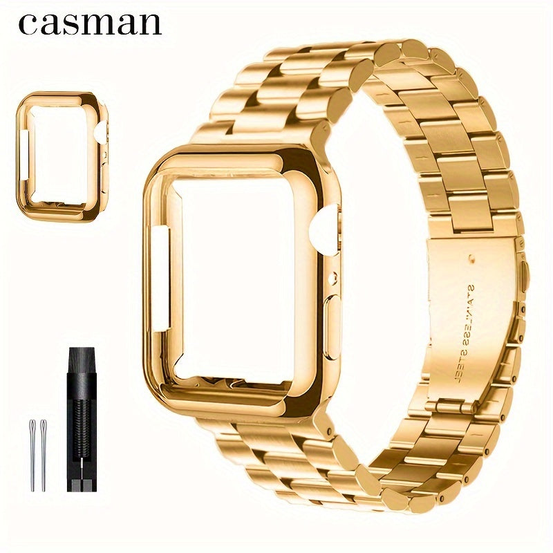Casman Gold-Plated Stainless Steel Smartwatch Bands with Case Cover, Foldover Clasp, Compatible with Apple Watch Series, Ultra & iWatch 49mm/45mm/44mm/42mm/38mm/40mm/41mm - Non-Water Resistant