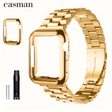 Casman Gold-Plated Stainless Steel Smartwatch Bands with Case Cover, Foldover Clasp, Compatible with Apple Watch Series, Ultra & iWatch 49mm/45mm/44mm/42mm/38mm/40mm/41mm - Non-Water Resistant