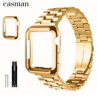 Casman Gold-Plated Stainless Steel Smartwatch Bands with Case Cover, Foldover Clasp, Compatible with Apple Watch Series, Ultra & iWatch 49mm/45mm/44mm/42mm/38mm/40mm/41mm - Non-Water Resistant