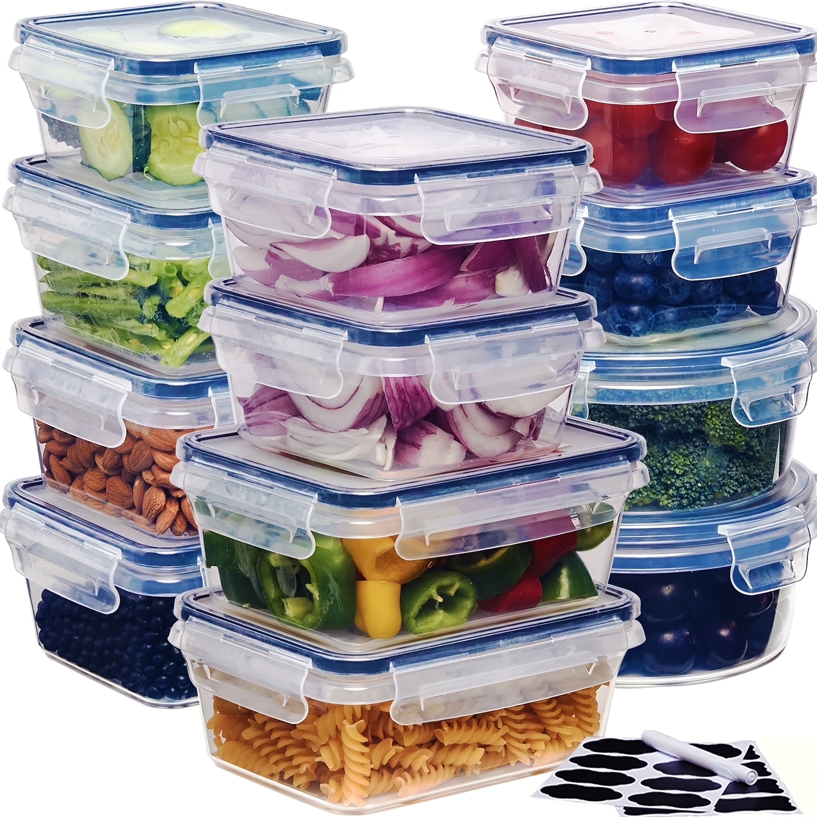 48pcs luxury food storage container set of high quality - sealed design, BPA free, easy to fasten lid, stackable microwave safe - including 24 containers, 24 lids, free labels, and kitchen storage marker pen