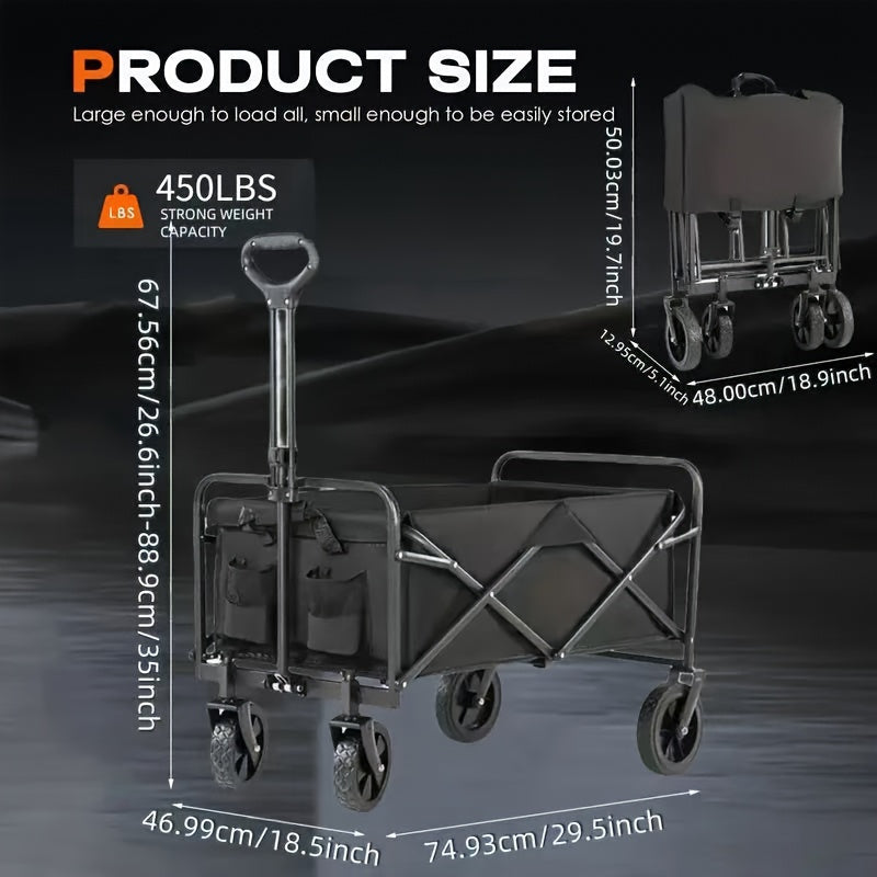 220/450/680 lb Capacity Heavy-Duty All-Terrain Folding Cart - Steel Frame and 600D Oxford Fabric, Camping, Gardening, Beach, Shopping Foldable Utility Cart - No Assembly Required, Black, Garden Tool Carrier, Sturdy Handle Des