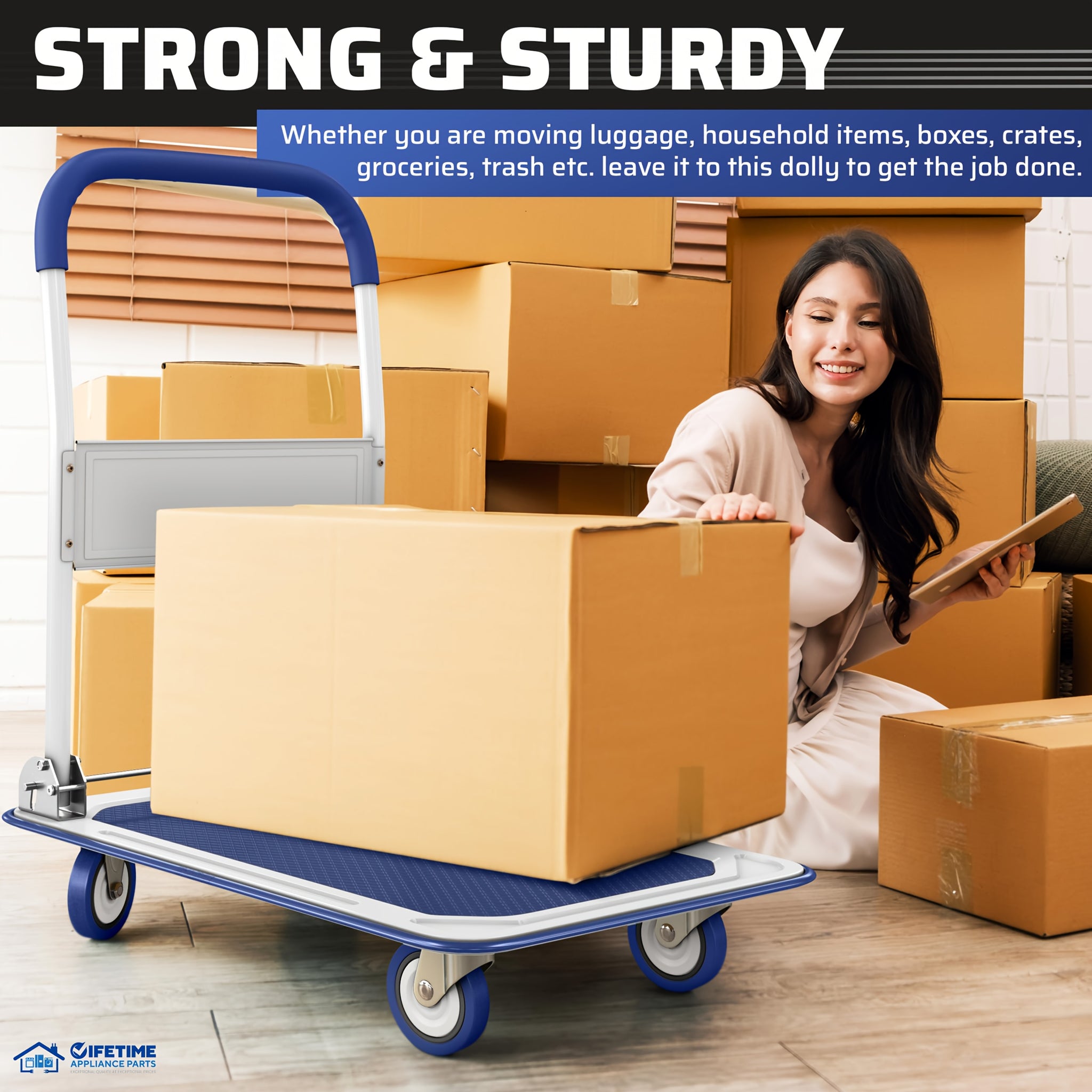 Upgraded Home Large Foldable Push Cart Dolly 330 Lbs/660 Lbs Capacity Moving Platform Hand Truck Heavy Duty Space Saving Collapsible Swivel Push Handle Flat Bed Wagon Blue White/Black Yellow